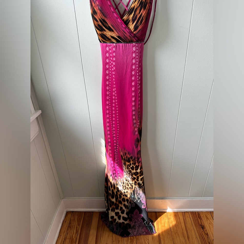 CeCe forever Pink Bodycon Cheetah Maxi Dress Plunge Neckline Open Back Dress - Picture 2 of 16